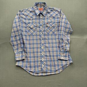 Ely Plains Shirt Mens 16 1/2 34 Blue Plaid Western Cowboy Pearl Snap Long Sleeve